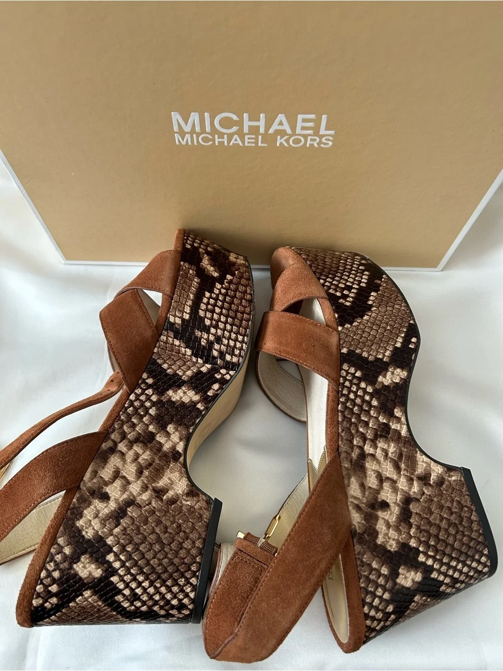 🤎Michael Kors🤎Brown Suede w/Python Print ~ Crisscross Wedge Flatform Sandals EUC